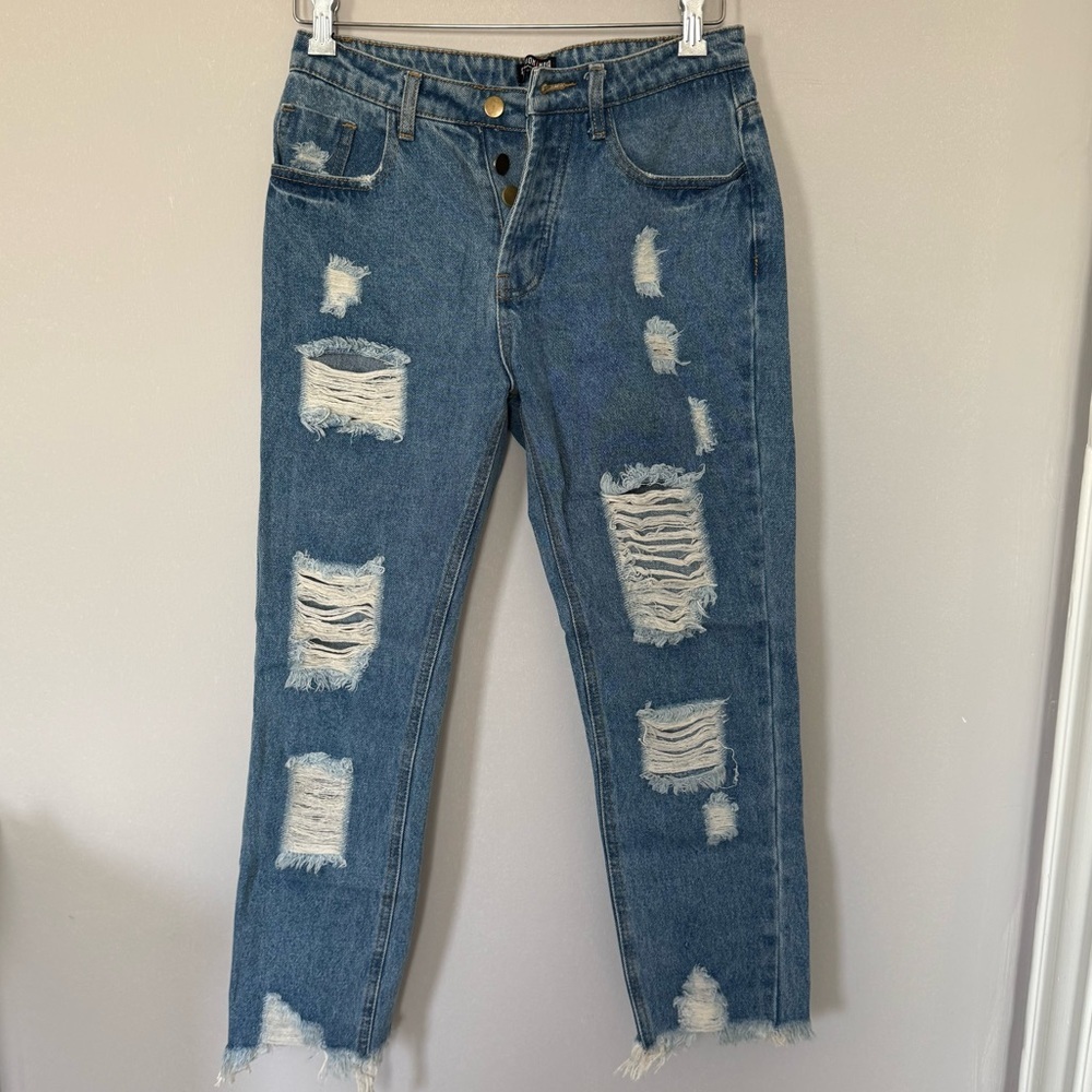 Fashion Nova Distressed Blue Straight Leg Jeans Women Size 29